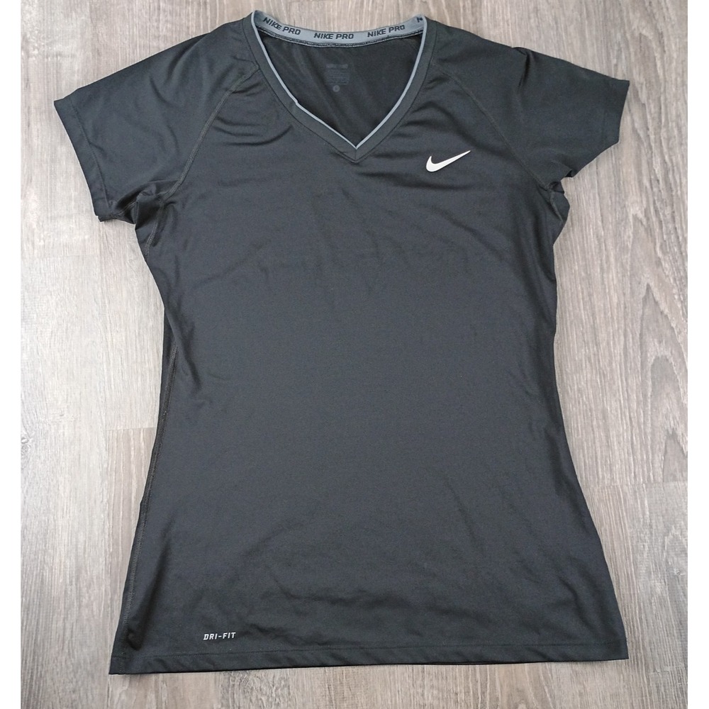 Nike Pro V-Neck Shirt Large Dri-Fit Fitted Workout Black Activewear Short Sleeve